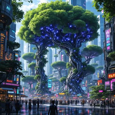 The primary subject of the image is a futuristic cityscape featuring a large, blue, tree-like structure with multiple branches and leaves. The setting is a busy city street with numerous people walking around, creating a lively atmosphere. The visual style of the image is a combination of digital art and illustration, giving it a unique and imaginative appearance. The dominant colors in the scene are blue and green, which contribute to the futuristic and serene mood of the image.